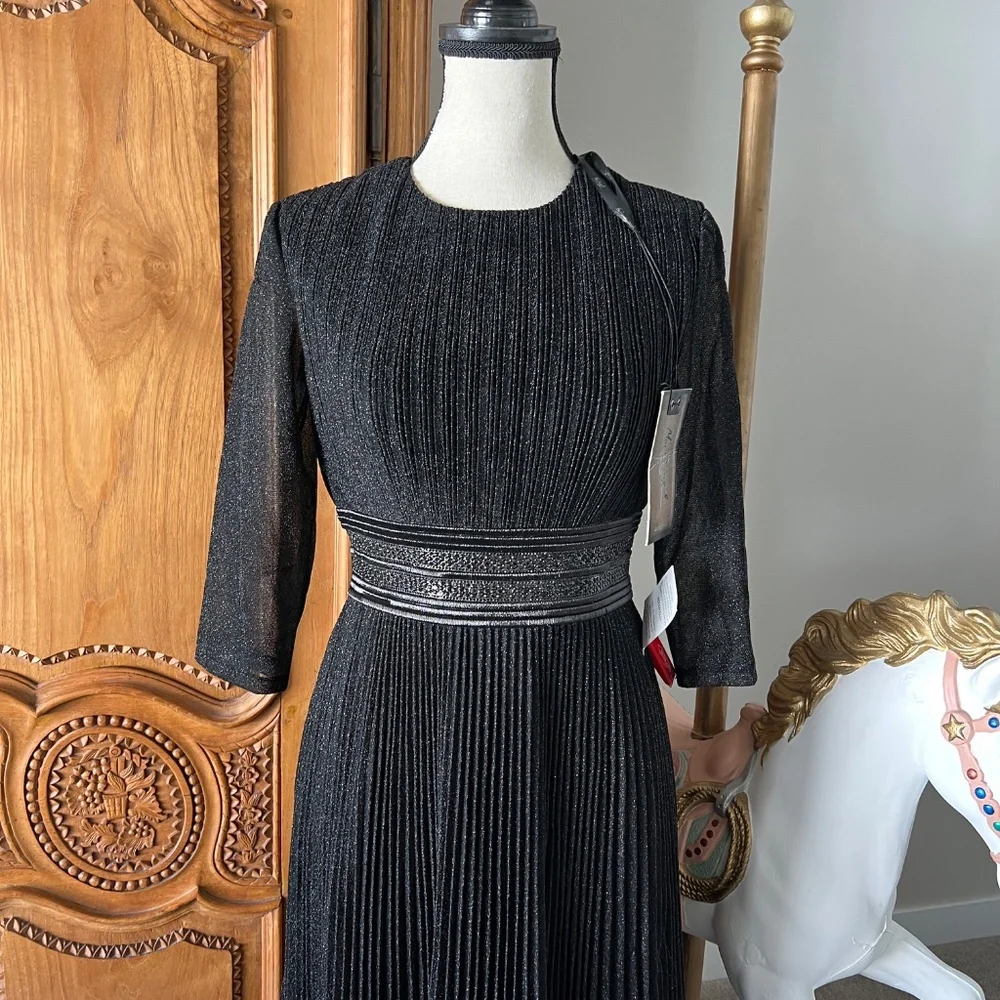 NWT Mac Duggal 30750 Size 6 Black Shimmering 3/4 Sleeve A-line Midi Dress - Picture 2 of 15